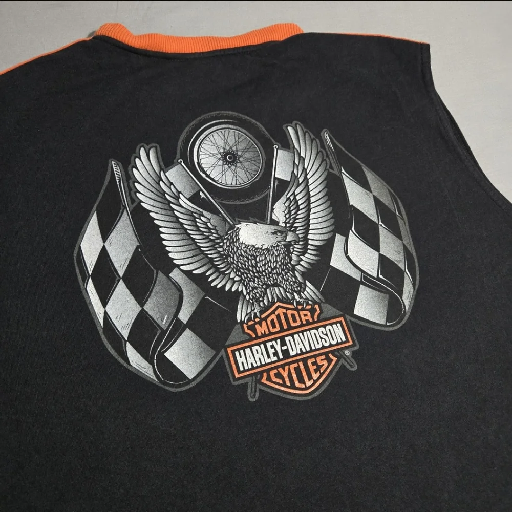 VINTAGE Harley Davidson Tank Top Mens XXL Black Eagle Checkered Flag Embroidered - Picture 10 of 11